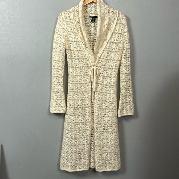 Y2K Heart Moon Star Mohair Blend Cowl Neck Sweater long Cream Crochet Open Sz M - Picture 1 of 14